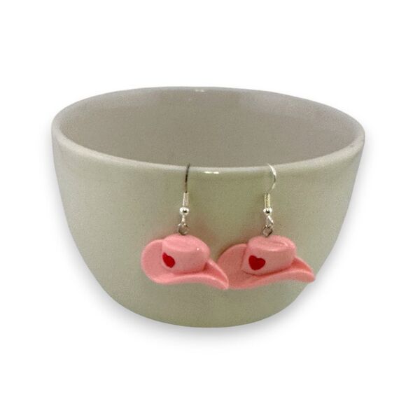 Pink Cowgirl Hat Earrings Western Earrings Silver Plated Ear Wires - Picture 4 of 6